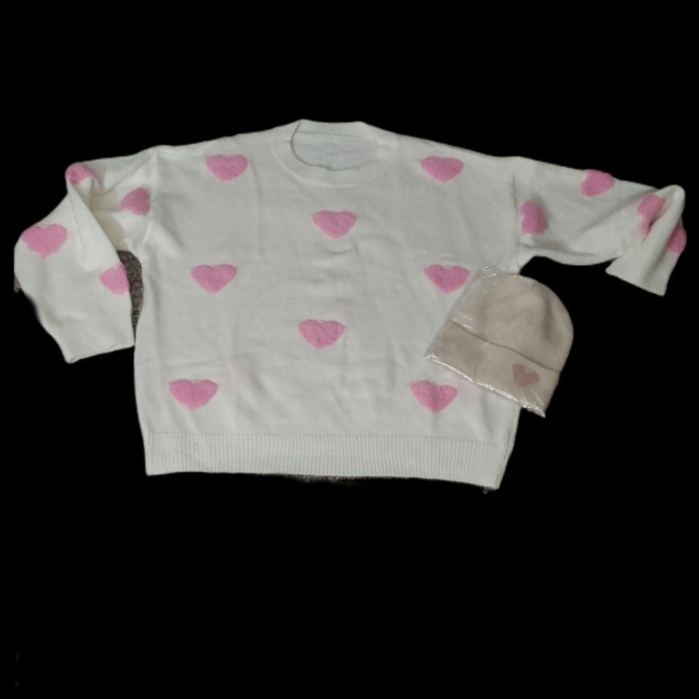 Cozy White Sweater with Pink Hearts